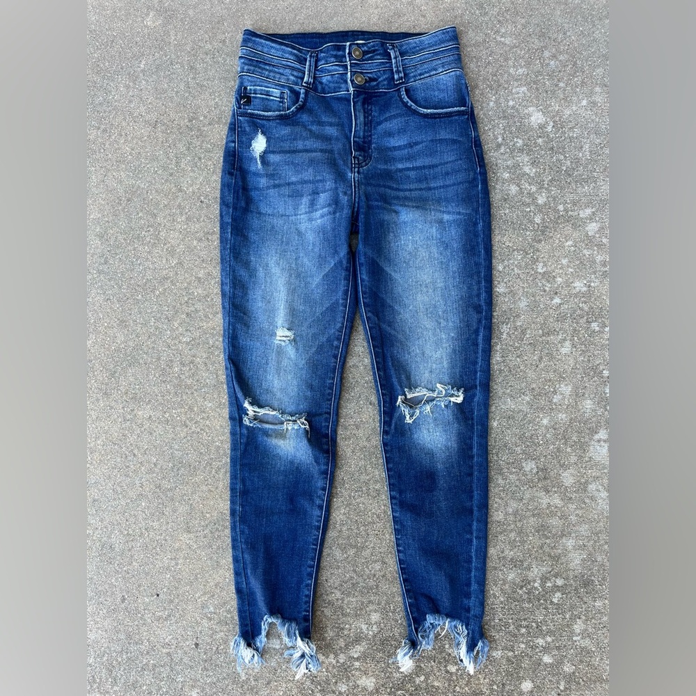 KanCan Dark Wash Distressed Shark Bite Hem Jeans